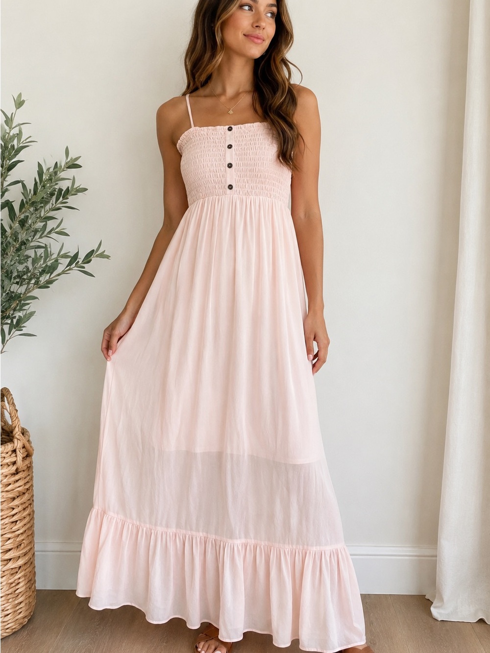 AS U WISH Blush Pink Smocked Maxi Dress | Boho Cottagecore Summer Dress